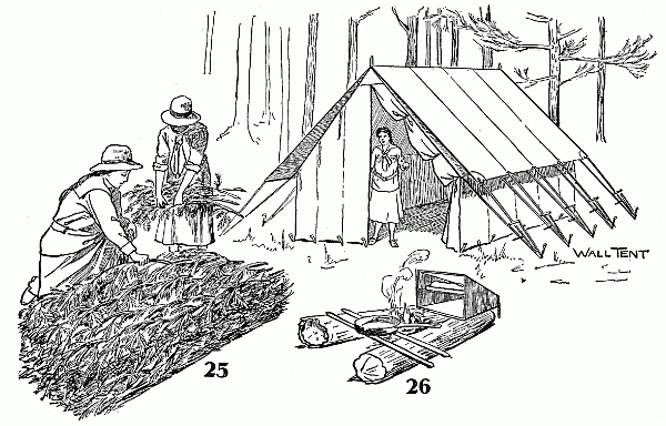 The bough-bed, the cook-fire, and the wall-tent.