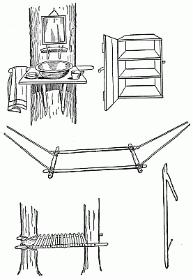 Outdoor dressing-table, camp-cupboard, hammock-frame, seat, and pot-hook.