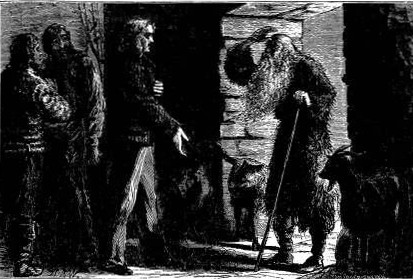 The cabin door now opened, and there stood, in the shadow
of the light, the figure of an old man bent with age, and dressed in the
skin of a wolf. Page 216.