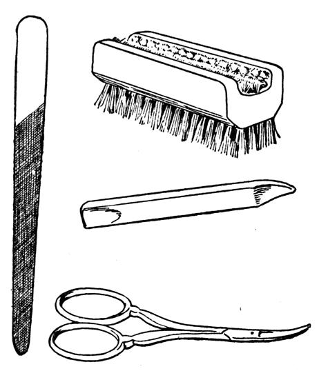 A nail file, cuticle scissors, cuticle stick and nail brush