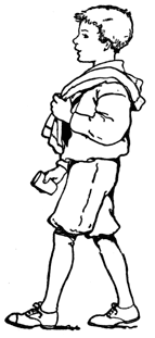 A drawing of a boy with a towel over his shoulder and a cup in his hand.