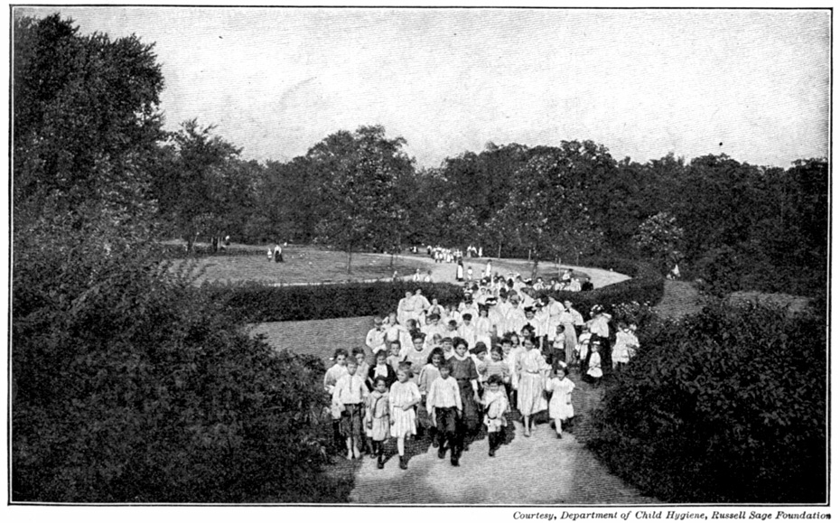 A photograph of a school group in a park.