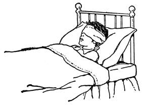 A boy lies in bed with a bandage over his eyes.
