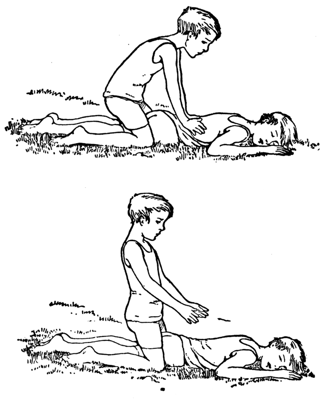 Two drawings, showing one boy pushing the back of another boy lying face down.