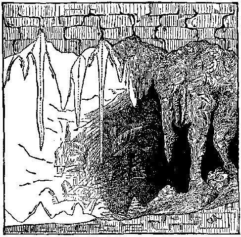 Fig. 13.—Stalactites and stalagmites on roof and floor
of a cavern. The arrows show the direction of the moving water.