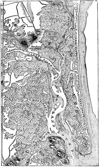 Fig. 19.—Map of Ipswich marshes, Massachusetts, formed
behind a barrier beach.