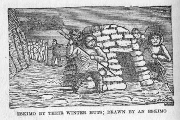 Eskimo by their winter huts; drawn by an Eskimo