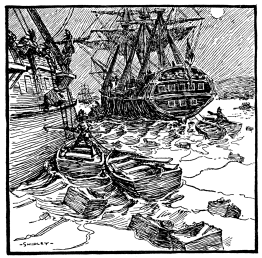 A drawing of some rowboats sidling up to a larger ship