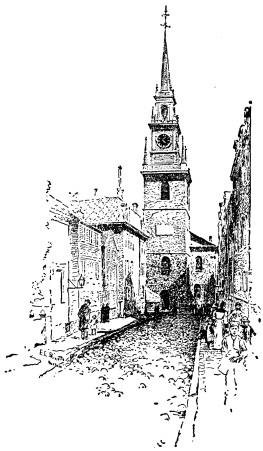 A drawing of a church and the street leading up to it