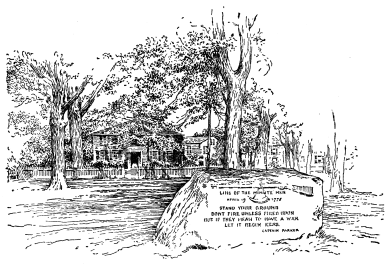 Sketch of a rock engraved with a memorial to the Minutemen