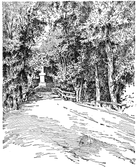 A drawing of a shady lane leading to a bridge