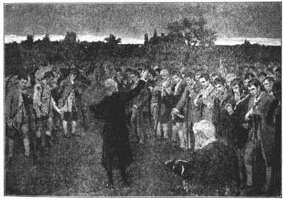 A drawing of a man orating to a crowd of men