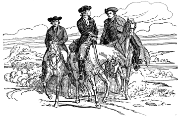 Three men ride on horseback.
