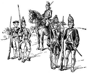 A group of soldiers, one on horseback.