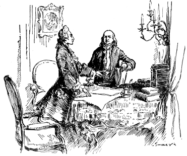 Two men stand at an elegant table covered with books.
