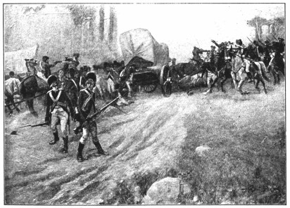 A battle scene, with men on horses charging some wagons.