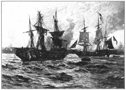 A copy of a painting showing a sea battle between two ships in choppy waters.