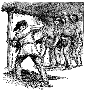 A drawing of a man in frontier garb throwing tobacco at two recoiling Indians.