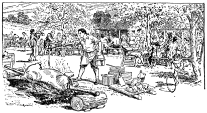 A drawing of an outdoor gathering of people; a big roasts on a spit over a fire.
