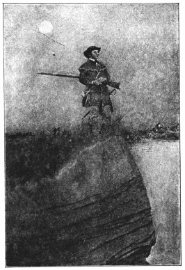A copy of a painting showing a man with a long rifle standing on a bluff over a river.