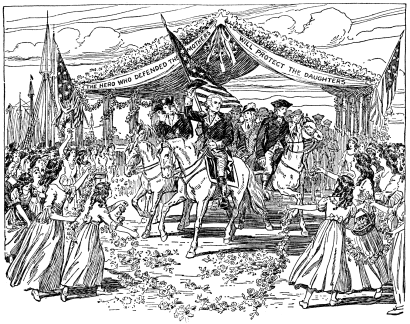 A drawing of a parade, with women throwing roses before G. Washingon (who is on his horse and carrying a flag).