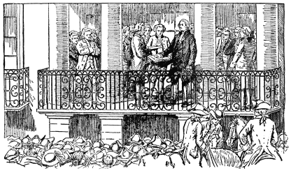 A drawing of a group of men on a balcony, overlooking a crowd. G. Washington has his hand on a book.