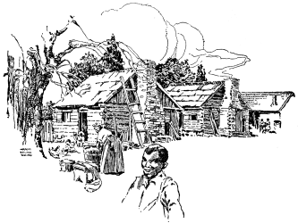 A drawing showing three small cabins and a dark-skinned boy.