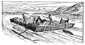 A drawing of men floating on a river on a boat that is broad and flat.