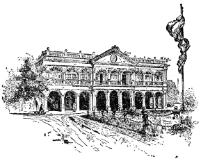 An ornate two story building with colonnades.