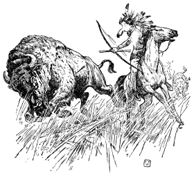 A drawing of an Indian shooting a buffalo from horseback.
