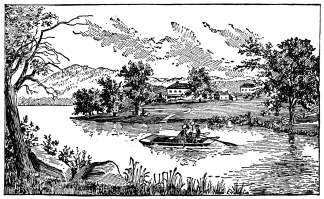 A drawing of a small boak on a river.
