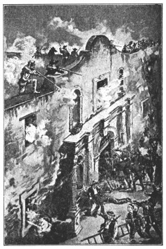 A copy of a painting showing a battle surrounding a building.