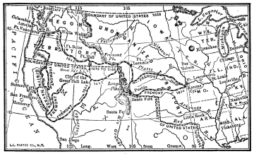 A map of the US from Ohio to California. The path of Frémont is shown from Kansas to Oregon Territory to California.