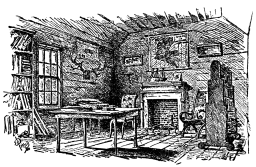 A drawing of the interior of a room with a table and chair, bookcase and fireplace.