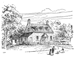 A drawing of a small story-and-a-half brick house
