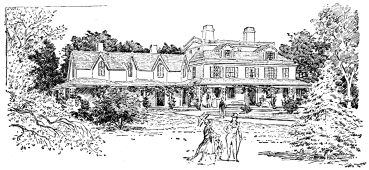 A drawing of a large three-story home with several additions.