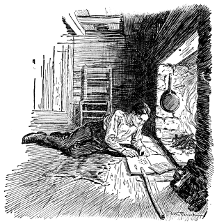 A drawing of a young man lying by fire and reading.