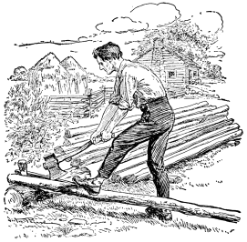 A drawing of a young man using an axe to split a log down its length.