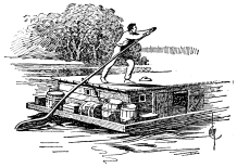 A drawing of a young man steering a barge.