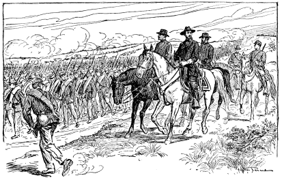 A drawing of several men on horseback following a large contingent of footsoldiers.