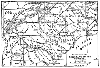 A map including the area from the Atlantic Ocean to Tennesee, showing Sherman's movements from Chattanooga to Savannah