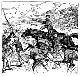 A drawing of a man on horseback charging with his sword