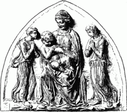 113. Unbemaltes Thonrelief der Madonna mit Engeln von Luca della Robbia.
