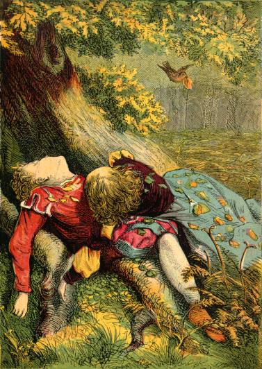 Illustration: Robin covering Babes with leaves.