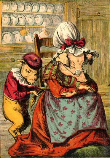 Illustration: Little Pig tying mother to chair.