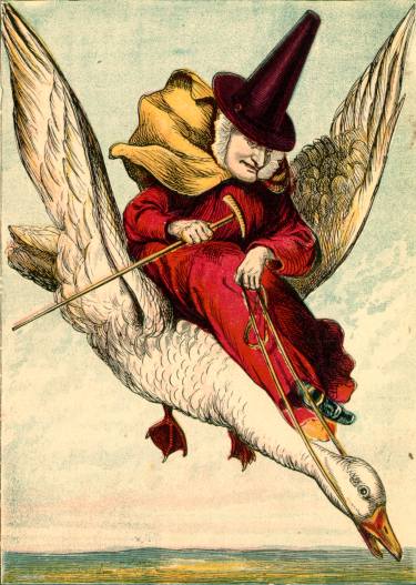 Illustration: Mother Goose and Gander flying.