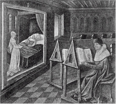 Fig. 1. Interior of a library: from a MS. of a French translation of the first book of the Consolations of Philosophy of Boethius.