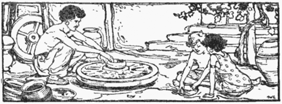 A potter raises a pot on a wheel while a boy and girl work on a pinchpot nearby.