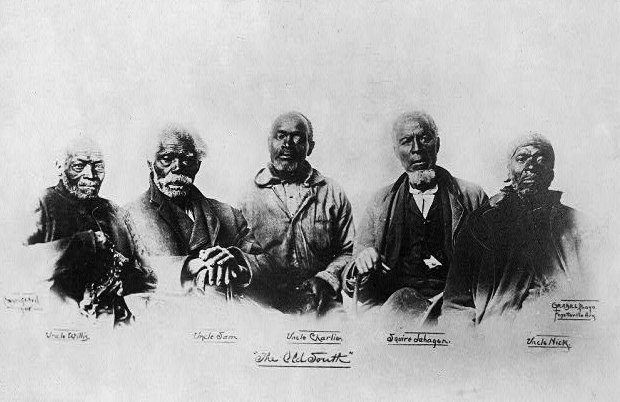 The Old South.  Picture of five Black men: Uncle Willie, Uncle Sam, Uncle Charlie, Squire Sabagen, Uncle Hick.