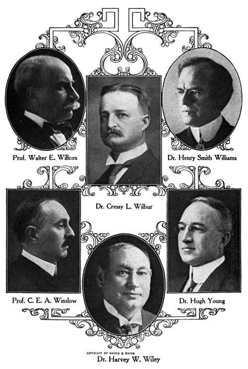 Prof. Walter E. Willcox,
Dr. Henry Smith Williams,
Dr. Cressy L. Wilbur,
Prof. C. E. A. Winslow,
Dr. Hugh Young,
Dr. Harvey W. Wiley